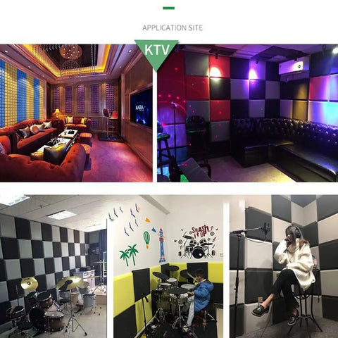 High Density Acoustic Foam Panels 10 Pack Premium Soundproof Wall Tiles in KTV studio setting with vibrant decor.