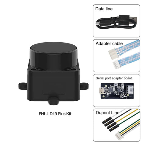 FHL-LD19 Plus 2D Lidar Sensor with 25 Meter Range and 360 Degree Scan for DIY Bots, includes cables and adapter kit.