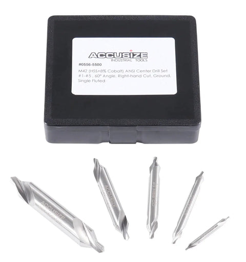 Five Piece M42 HSS Center Drill Set Top Notch With Eight Percent Cobalt ANSI Standard 60 Degree Center Drills Right Hand Ground
