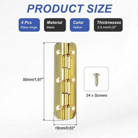 Badass Tough 90 Degree Small Piano Hinges For Jewelry Boxes And Woodworking Crafts Gold Tone Steel Build With Mounting Screws Smooth Pivot Pack Of 4, showing dimensions and screws.