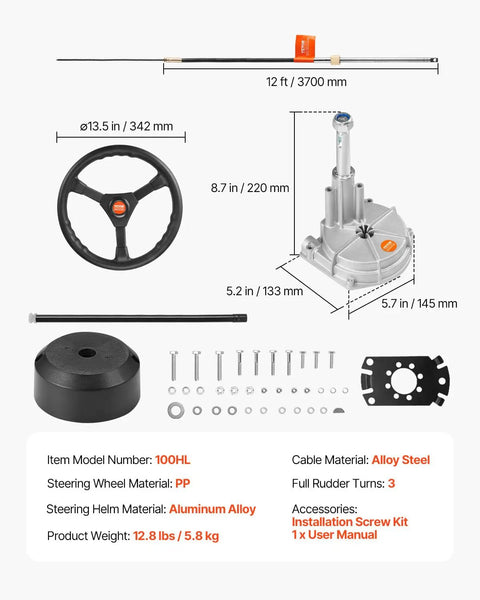Heavy Duty Boat Steering System Kit With 12 Ft Steering Cable And 13.5 Inch Wheel, Three Quarter Inch Tapered Shaft components