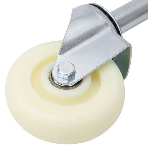 Built Tough Four Inch Spring Loaded Gate Wheel With Shock Absorbing Nylon Rollers And Six Hole Steel Bracket Handles 110 Lbs close-up of nylon wheel and steel bracket.