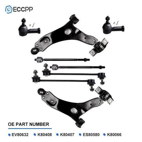 Ford Focus Front Control Arm Kit 2006 2007 2008 2009 2010 2011 With Front Lower Control Arm And Ball Joint Inner And Outer Tie Rod Ends And Front Sway Bar End Links Ready To Roll Complete Front Suspension Kit, black steel parts