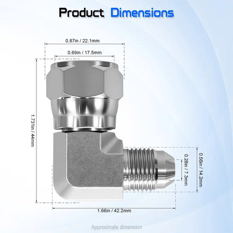 Beefed Up Hydraulic Adapter Fitting 3/8 Inch JIC 37 Degree Male To 1/2 Inch Female JIC 37 Degree Swivel SAE J514 High Pressure 3/8 To 1/2 Inch Flare Connector For Hydraulic Systems Durable And Easy Fit, 90-degree carbon steel elbow with dimensions