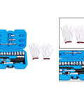 Heavy Duty 29 Piece Metric Socket And Ratchet Set With Through Hole Design And 72 Tooth Quick Reverse Ratchet in blue case with gloves.