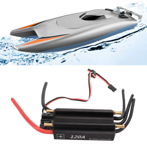 Water Cooled Brushless ESC 120A with Built In BEC for RC Boats Airships and Hobbyists, shown with high-speed RC boat