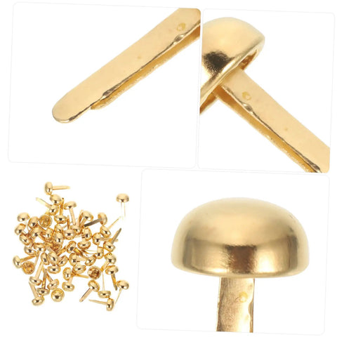 100 Pieces Paper Fasteners For Scrapbookers And DIYers, Tiny Nails Tacks Decorative Pins in gold color, close-up view