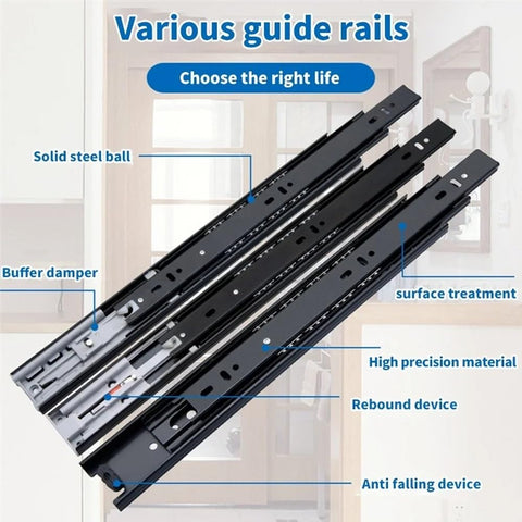 Full Extension Drawer Slides Set 1 Pair Heavy Duty Three Section With Shock Absorption Rebound Buffer For 20 Inch Drawers