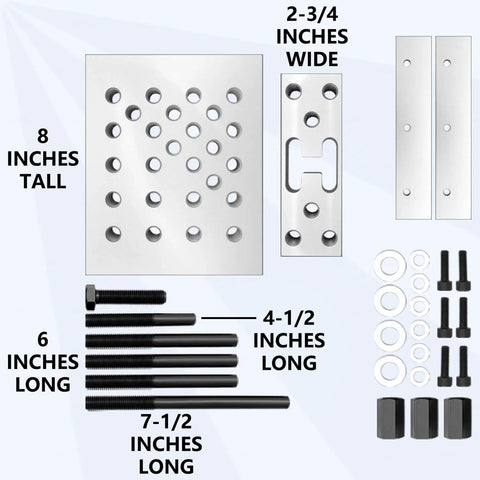 Universal Drill Press Support Block Plate Tool Kit For Heavy Duty Bearing And Bushing Repair Removal And Installation 30 Ton Capacity Adjustable Swivel Base With Multiple Threaded Holes For Horizontal Or Vertical Mounting All Purpose Plate shown with components