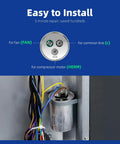 35/5 UF Dual Run AC Capacitor Drop-In Replacement For HVAC Units 370V 440V CBB65 Round Start Capacitor For Fans, Heat Pumps, Condensers 35/5 MFD ±6% Easy Install Durable, round metal capacitor with FAN, C and HERM terminals installed in HVAC unit