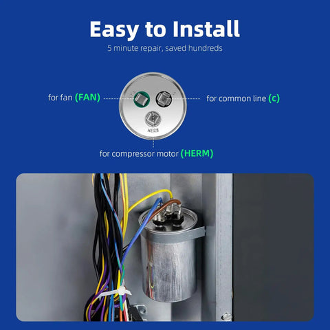 35/5 UF Dual Run AC Capacitor Drop-In Replacement For HVAC Units 370V 440V CBB65 Round Start Capacitor For Fans, Heat Pumps, Condensers 35/5 MFD ±6% Easy Install Durable, round metal capacitor with FAN, C and HERM terminals installed in HVAC unit