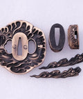 Dope Antique Copper Samurai Tsuba Fuchi Kashira Menuki Set With Dragon Phoenix Buddha Demon Floral Motif For Universal Katana Tachi Wakizashi Fit And Yin Yang Mythology Balance, showing carved dragon design