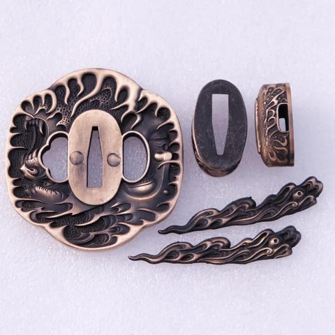 Dope Antique Copper Samurai Tsuba Fuchi Kashira Menuki Set With Dragon Phoenix Buddha Demon Floral Motif For Universal Katana Tachi Wakizashi Fit And Yin Yang Mythology Balance, showing carved dragon design