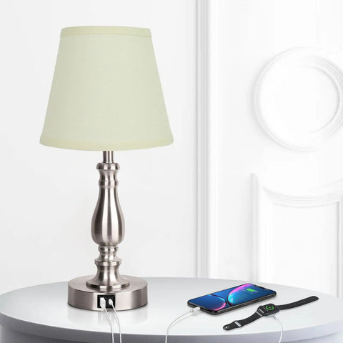 Brushed Nickel Table Lamp Set Of 2 For Nightstand Lamps, 20 Inch Tall With Dual USB A And C Ports and devices charging