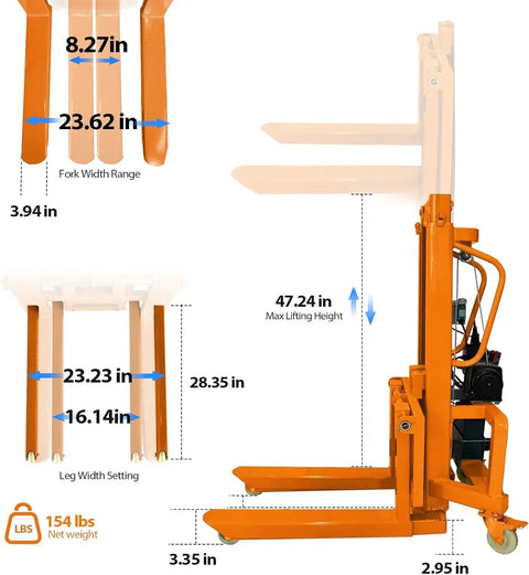 Heavy Duty Electric Pallet Stacker With 660 Lbs Capacity Lift Height 47 Inches Smart Remote Control Adjustable Forks dimensions diagram