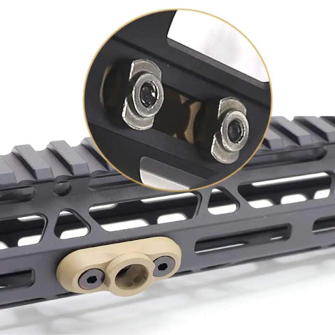 Rock Solid QD Sling Swivel And M System Rail Adapter featuring a tan mount and steel fittings on a rail system.