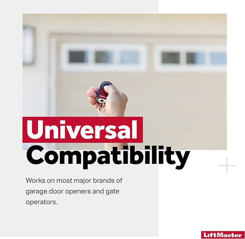 Hand holding Universal Garage Door Remote For All Major Brands Pocket Size And Wireless Programmable Two Button Controller near door