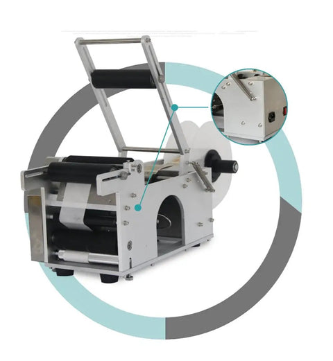 Heavy Duty Semi Automatic Labeling Machine For Round Plastic, Glass, And Metal Bottles with aluminum alloy body and rubber grips.