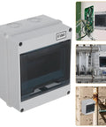 Heavy Duty 6 Way Circuit Breaker Box With DIN Rail IP65 Weatherproof Electrical Enclosure Surface Mount light gray shell close-up view.