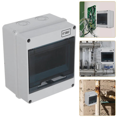 Heavy Duty 6 Way Circuit Breaker Box With DIN Rail IP65 Weatherproof Electrical Enclosure Surface Mount light gray shell close-up view.