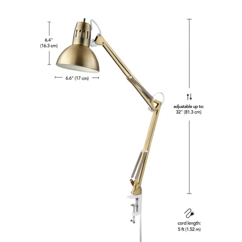 Clamp-On Swing Arm Desk Lamp In White With Nickel Accents 31.5 Inch Reach On Off Rotary Switch Book Reading Light For Home Office Decor LED Bulb Compatible showing adjustable arm and dimensions
