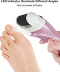 Cordless Rechargeable Electric Foot File And Callus Remover For Stubborn Dead Skin Care With Efficient Power Pedicure Tool, LED light shining on foot.