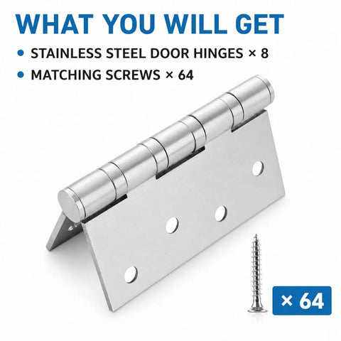 Eight Pack Heavy Duty Stainless Steel Door Hinges 4x4 Inches With Ball Bearing, 3mm Thick Brushed Nickel Finish, Includes 64 Screws
