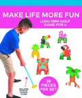 Child playing with Tropical Luau Mini Golf Set For Kids With Toddler Golf Clubs Putting Mat Markers Palm Tree and Pineapple