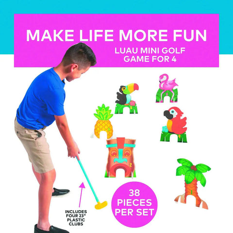 Child playing with Tropical Luau Mini Golf Set For Kids With Toddler Golf Clubs Putting Mat Markers Palm Tree and Pineapple