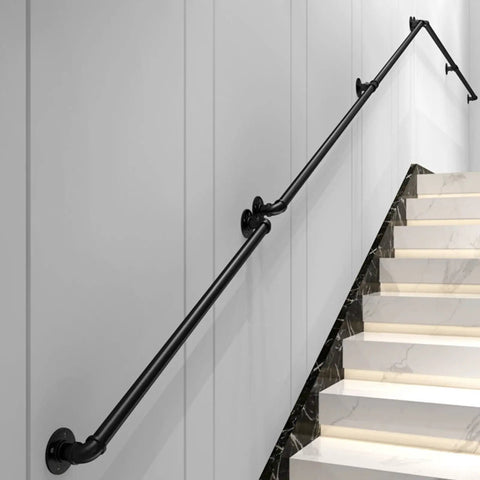 10 Ft Industrial Black Pipe Handrail For Stairs Wall Mount Kit 1.3 Inch Diameter Grab Bar Rail installed on indoor stairway