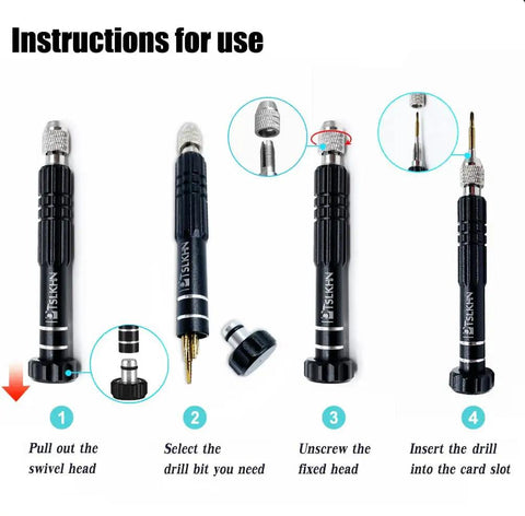 Instructions for using 5 In 1 Eyeglass Repair Kit Screwdriver Set With S2 Steel Bits, showing assembly and bit selection.