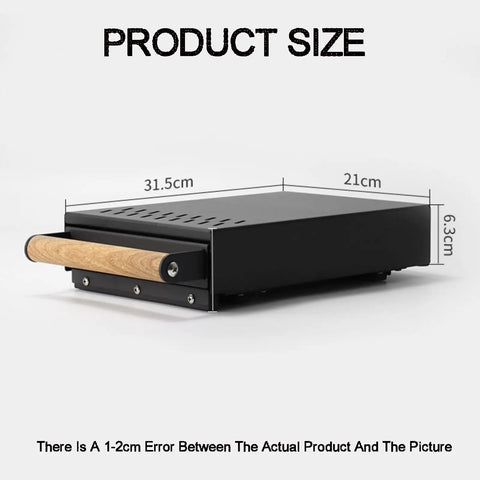 Heavy Duty Stainless Steel Espresso Knock Box With Shock Absorbing Removable Knock Bar And Spill Resistant Grounds Waste Dispenser, measuring 31.5cm x 21cm x 6.3cm.