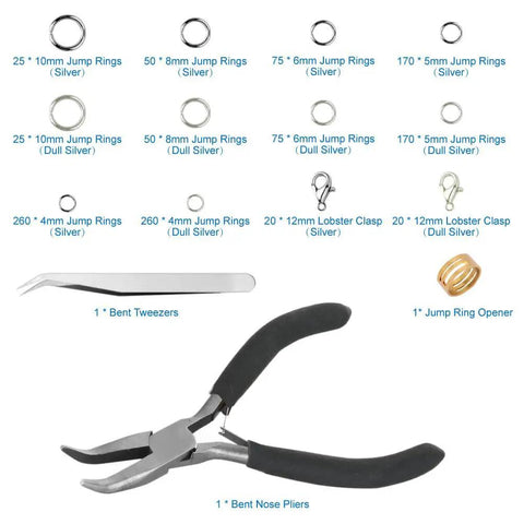 All In One Jump Ring Jewelry Making Kit With 1200 Pieces Dull Silver And Bright Silver Pliers Tweezers Lobster Clasps Ring Opener