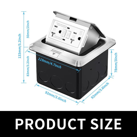Pop Up Floor Box Kit With Waterproof GFCI Outlet Cover and Hidden 20A Tamper Resistant Receptacle, dimensions diagram