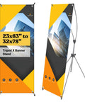 Heavy Duty Adjustable X Banner Stand With Sturdy Aluminum Frame And Durable Travel Case Perfect For Trade Shows Street Fairs Or Urban Hustles, displaying dimensions 23x63" to 32x78", tripod design.