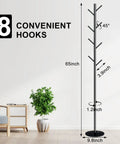 Freestanding Coat Rack With Marble Base And Eight Heavy Duty Hooks, slim space saver, 65in height, shown in modern room setting