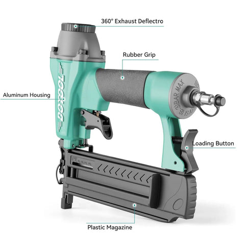 Heavy Duty Pneumatic Brad Nailer 18 Gauge Dead Straight Drive with rubber grip and aluminum housing for fine trim work