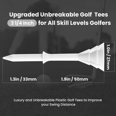 Side view of Unbreakable Plastic Golf Tees Three And One Quarter Inch Durable Stable Tee Set in white with measurements
