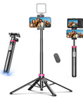 Auto Pop Open Phone Tripod With Remote, No Fuss Setup, 59 Inch Selfie Stick showing phone and camera mount, 360-degree ball head