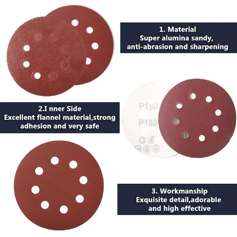 Kick Your Woodworking Up A Notch With These 100 Pcs 5 Inch Hook And Loop Sanding Discs, showcasing super alumina sanding discs with holes.