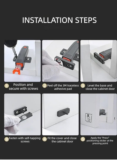 Installation steps for 2 Pack Push To Open Cabinet Latches With Rotary Adjustment For Kitchen Cupboards And Closets, Adjustable 1 To 5 Mm Door Thickness, Black Finish, Handleless Cabinet Hardware