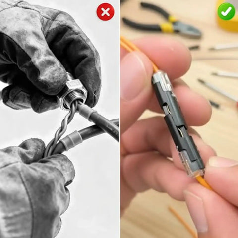 Double Wire Push-In Connector With Locking Buckle being used for secure electrical wire connections in DIY wiring