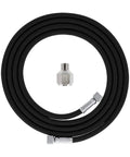 Kickass 10 Ft Braided Airbrush Hose With Kink Free Flex And Snappy Zinc Connectors, black rubber tubing with metallic ends.