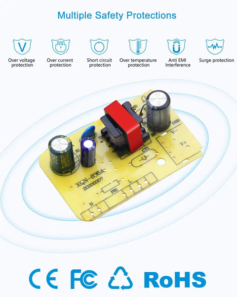 12V 1A Power Supply AC to DC Adapter 100-240V Input 12W circuit board with safety protection icons