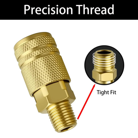 Beefy 1/4 Inch NPT Brass Quick Connect Fittings Set For Air Compressors And Pneumatic Tools close-up showing precision thread