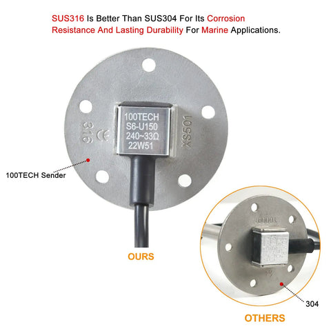 Marine Gas Tank Fuel Level Sending Unit 8 Inch 240-33 Ohm Stainless Steel Replacement for Boat Fuel Tank Sender Direct Swap for Arm Type, OKI Reed Switch Durability SUS316 face view