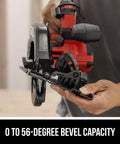 Badass 20V Brushless Cordless Circular Saw Kit With A Full 7 1/4 Inch Blade Spinning Smooth At 5300 RPM Fully Loaded With Heavy Duty Lithium Battery And Lightning Fast Charger Built To Go showing 0 to 56-degree bevel capacity.