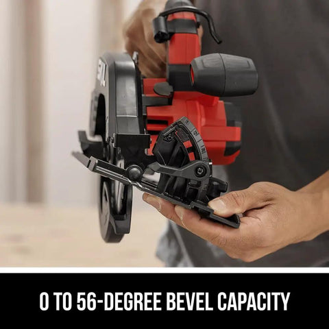 Badass 20V Brushless Cordless Circular Saw Kit With A Full 7 1/4 Inch Blade Spinning Smooth At 5300 RPM Fully Loaded With Heavy Duty Lithium Battery And Lightning Fast Charger Built To Go showing 0 to 56-degree bevel capacity.