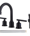 Two Handle Dope Matte Black Bathroom Faucet With Pop Up Drain Widespread 8 Inch Basin Vanity Sink Tap, components displayed