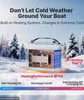 Heavy Duty 12V Lithium Battery 165Ah Deep Cycle Packs 1200 CCA with heating system, shown in cold outdoor setting.